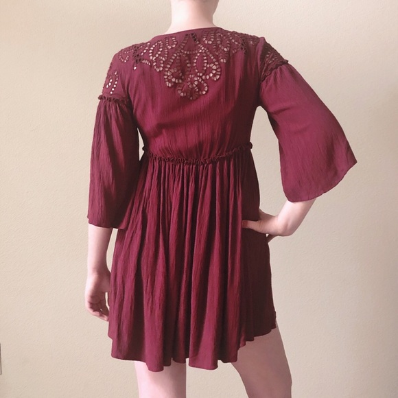 American Eagle Outfitters Burgundy Peasant Dress - Picture 3 of 8